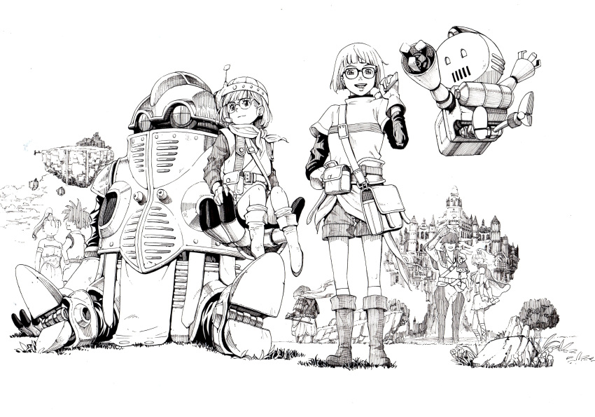 2boys, 3girls, absurdres, aldo_(another_eden), another_eden, belt, bike_shorts, castle