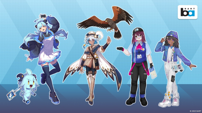 1other, 2023, 4girls, ahoge, badge, bay_area_rapid_transit, bird, black_footwear