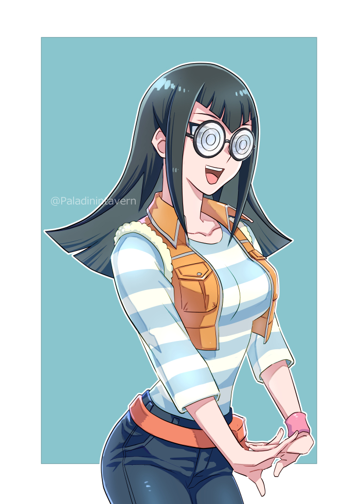 1girl, :d, black_hair, black_pants, blue_background, border, breasts, carly_nagisa, collarbone, cowboy_shot, izapara, long_hair, long_sleeves, medium_breasts, open_mouth, pants, round_eyewear, shirt, smile, solo, striped, striped_shirt, twitter_username, white_border, wristband, yu-gi-oh!, yu-gi-oh!_5d's