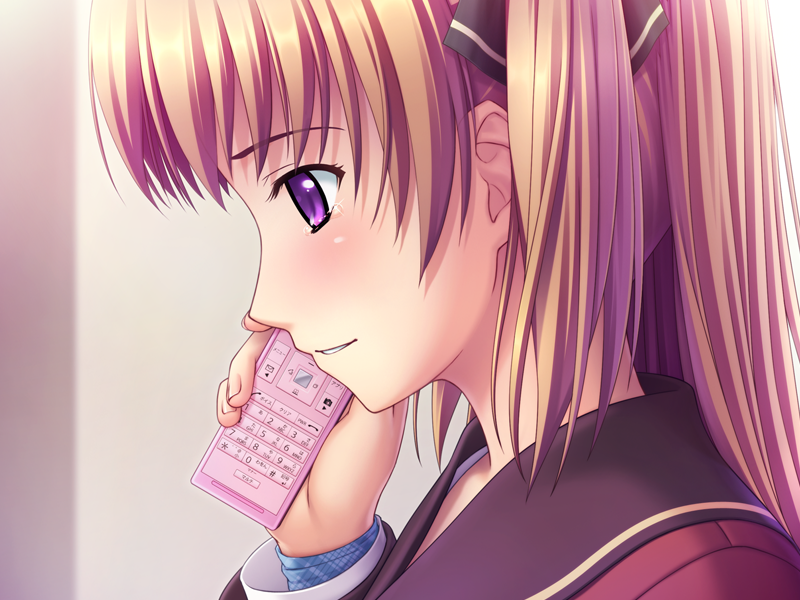 1girl, 400, amishiro_anna, black_bow, blonde_hair, blush, bow, brown_sailor_collar, cellphone, flip_phone, from_side, game_cg, hair_bow, holding, holding_phone, indoors, kanojo_to_kanojo_to_watashi_no_nananichi, long_hair, long_sleeves, parted_lips, phone, portrait, sailor_collar, smile, solo, tears, violet_eyes