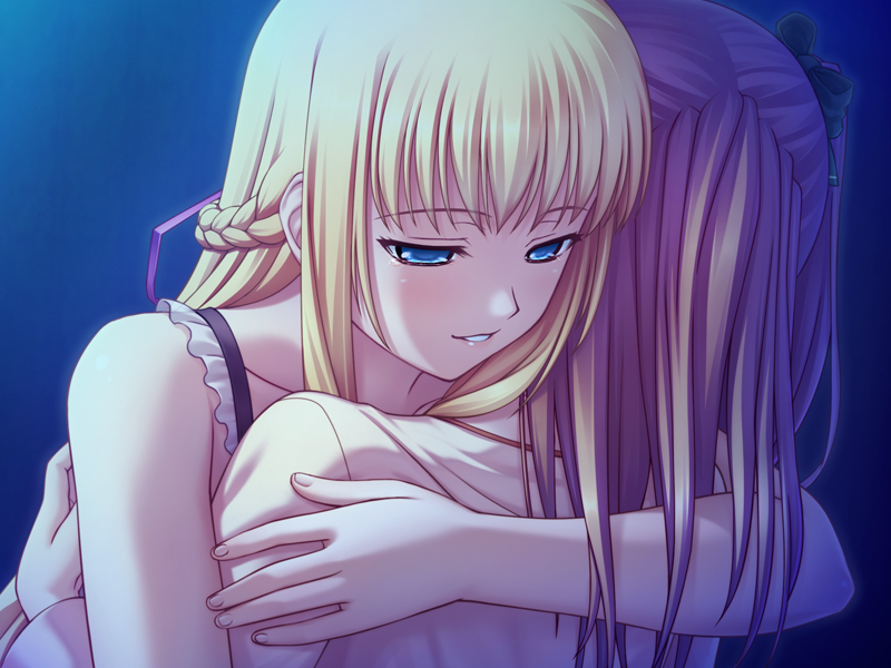 2girls, 400, amishiro_anna, black_bow, blonde_hair, blue_eyes, bow, brown_hair, collarbone, game_cg, grin, hair_bow, half-closed_eyes, hug, kanojo_to_kanojo_to_watashi_no_nananichi, long_hair, long_sleeves, multiple_girls, orihara_ayako, shirt, sleeveless, smile, twintails, upper_body