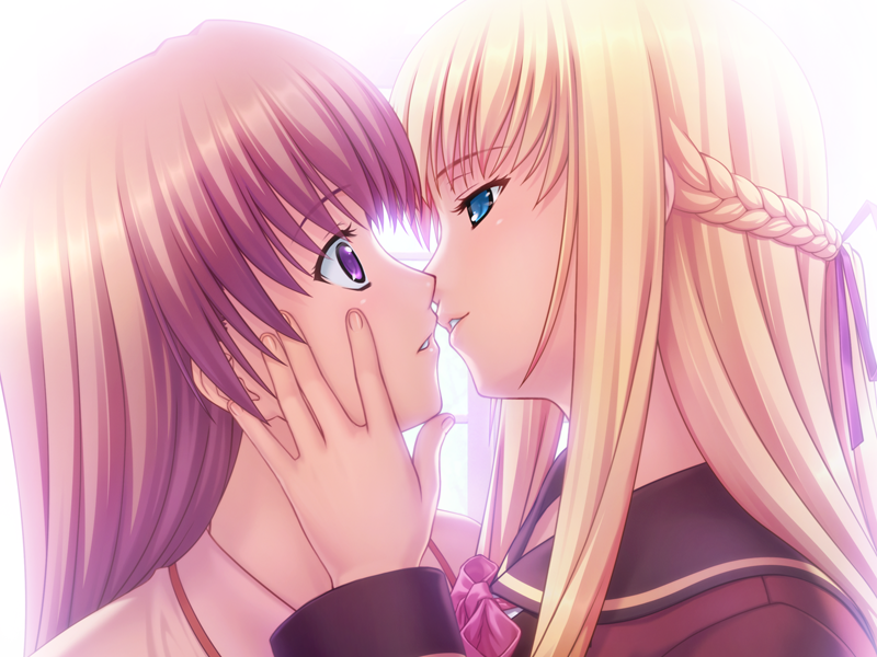 2girls, 400, amishiro_anna, backlighting, black_sailor_collar, blonde_hair, blue_eyes, bow