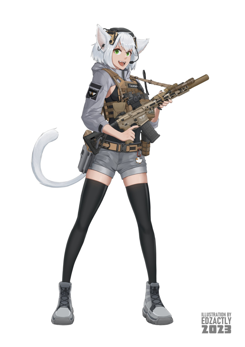1girl, absurdres, animal_ears, black_shirt, black_thighhighs, cat_ears, cat_girl, cat_tail
