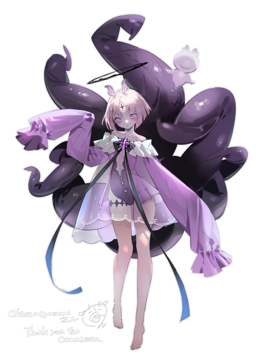 absurdres, animal_ears, barefoot, blush, bukurote, chise_(vtuber), commission, dress, eyecolyte_(chiseoyasumi), facial_mark, flat_chest, forehead_mark, frills, full_body, halo, highres, leotard, looking_at_viewer, navel, off_shoulder, purple_hair, ribbon, sea_angel, see-through, shaded_face, short_hair, signature, tentacles, thigh_strap, very_long_sleeves, violet_eyes, watermark, white_background