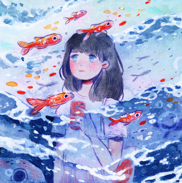 black_hair, blue_eyes, blue_sky, blush, bubble, can, coco_glez, fish