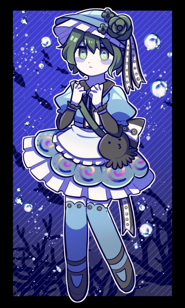 1jumangoku, 1other, @_@, alternate_costume, animal_bag, apron, back_bow, bag, black_bow, black_collar, black_footwear, black_ribbon, black_sleeves, blue_background, blue_dress, blue_headwear, blue_thighhighs, bow, bubble, clenched_hands, collar, collared_dress, commentary, coral, dress, fish, flower, frilled_hat, frilled_skirt, frilled_sleeves, frills, full_body, gradient_background, green_eyes, green_flower, green_hair, hat, hat_flower, hat_ribbon, layered_sleeves, len'en, lolita_fashion, long_sleeves, mary_janes, octopus, pale_skin, puffy_short_sleeves, puffy_sleeves, ribbon, shitodo_aoji, shoes, short_hair, short_over_long_sleeves, short_sleeves, shoulder_bag, skirt, spiral_print, striped, striped_background, thigh-highs, two-tone_bow, two-tone_ribbon, underwater, waist_apron, white_apron, white_bow, white_ribbon