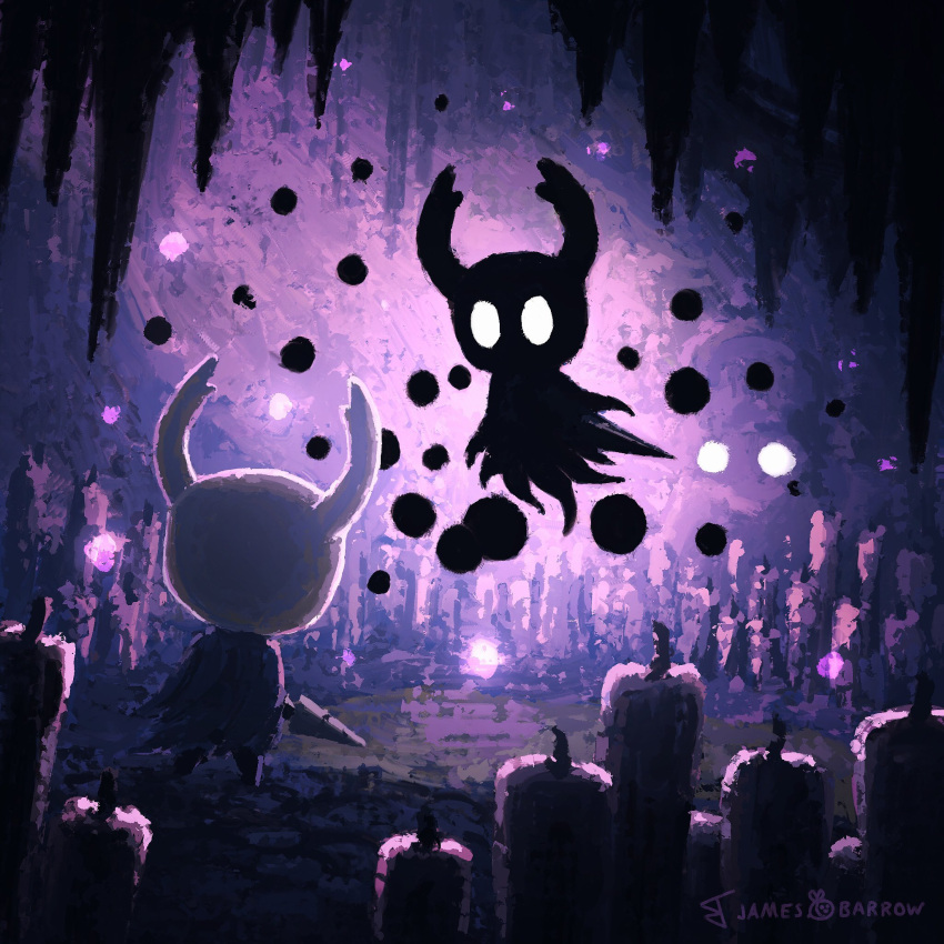 artist_name, bug, candle, cape, cave, cloak, floating, from_behind, full_body, highres, holding, holding_weapon, hollow_knight, horns, jamesbbarrow, knight_(hollow_knight), nail_(hollow_knight), no_humans, shade_(hollow_knight), standing, weapon