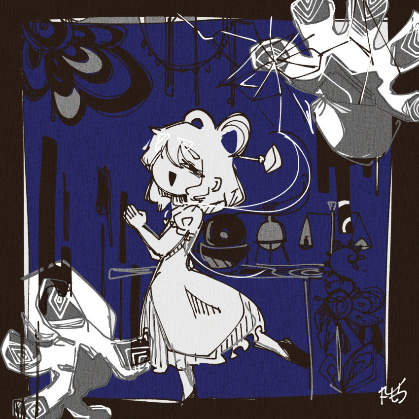 1girl, 3ma_can_omochi, against_fourth_wall, balance_scale, beaker, blue_background, border, commentary_request
