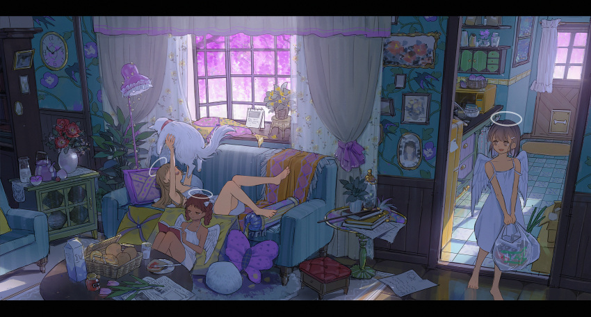 3girls, angel, angel_wings, animal, armchair, arms_up, bag, bare_arms