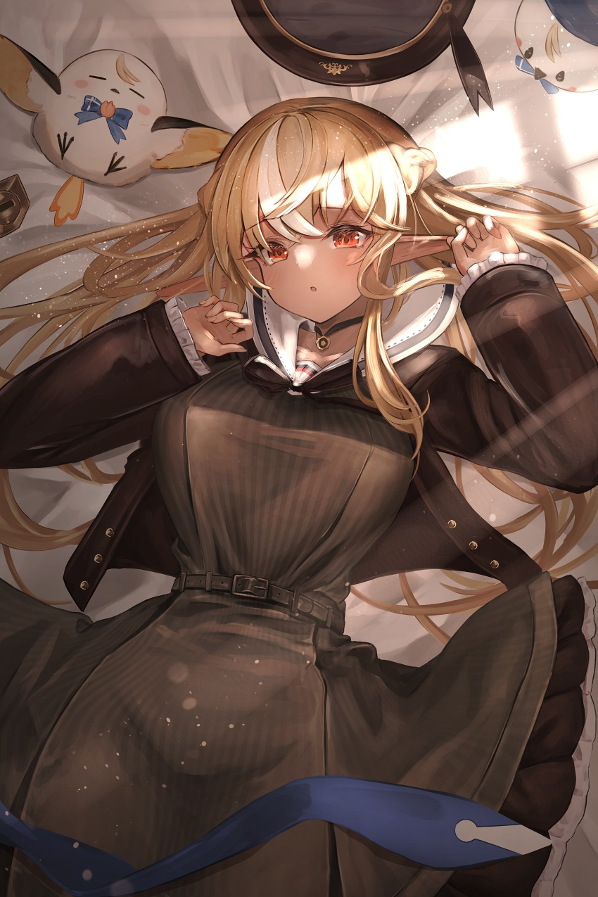 1girl, :o, absurdres, belt, blonde_hair, braid, breasts, brown_dress
