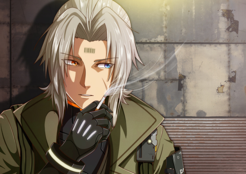 1boy, antenna_hair, barcode, barcode_tattoo, black_shirt, blue_eyes, cigarette, damepia_(pianohuey38), forehead_tattoo, green_jacket, grey_hair, heterochromia, highres, holding, holding_cigarette, jacket, male_focus, mechanical_hands, medium_hair, orange_eyes, parted_lips, punishing:_gray_raven, shirt, sidelocks, smoke, tattoo, watanabe_(punishing:_gray_raven)