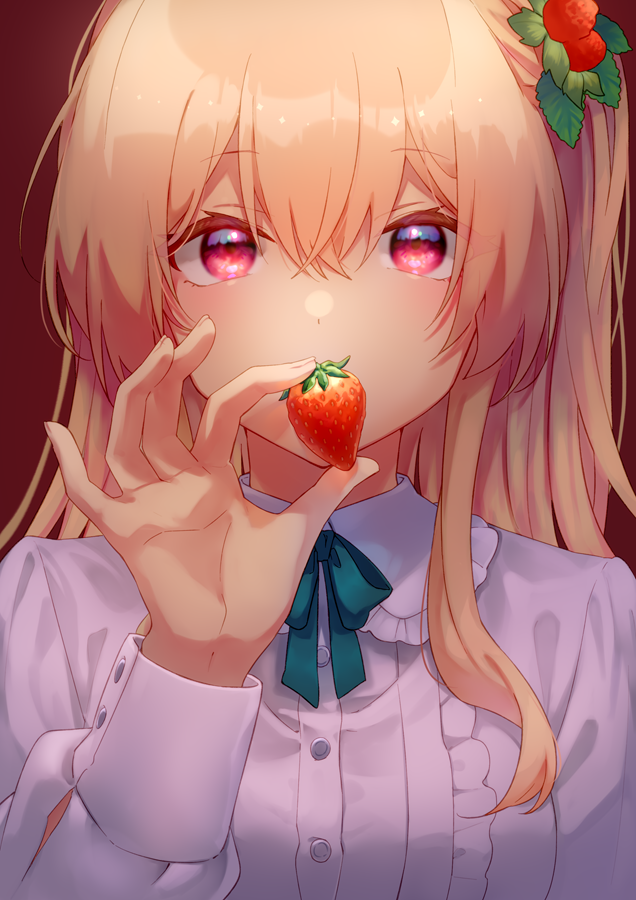 1girl, blonde_hair, blue_ribbon, breasts, collared_shirt, covered_mouth, crossed_bangs, food