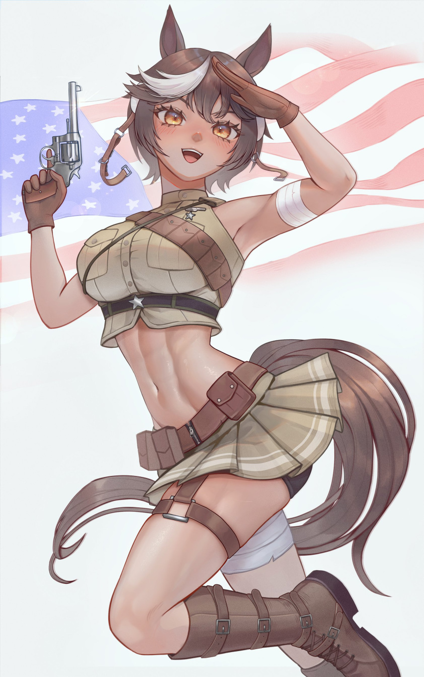 1girl, absurdres, american_flag, animal_ears, bike_shorts, boots, brown_eyes, brown_gloves, brown_hair, brown_skirt, gloves, gun, handgun, highres, holding, holding_gun, holding_weapon, horse_ears, horse_girl, horse_tail, indie_virtual_youtuber, medium_hair, multicolored_hair, navel, open_mouth, pleated_skirt, revolver, skirt, solo, standing, standing_on_one_leg, tail, teeth, tomoe_umari, upper_teeth_only, vixylseijin, weapon, white_hair