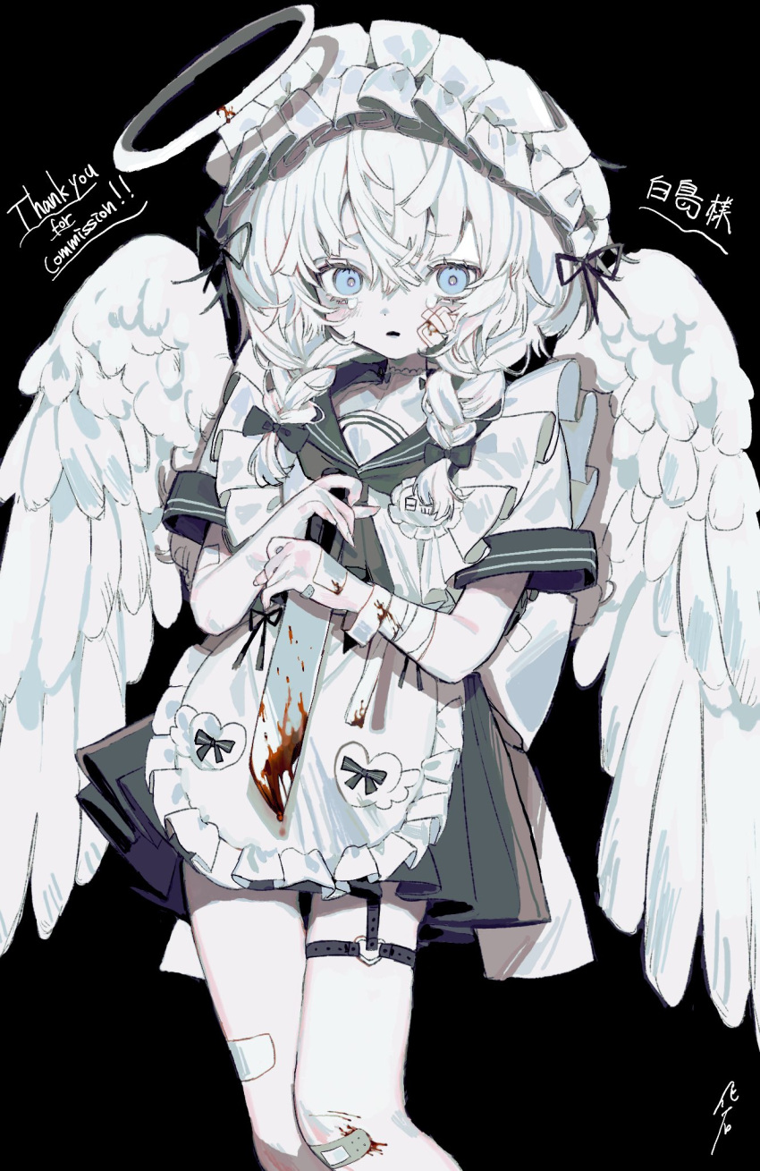 1girl, angel_wings, apron, bandaged_arm, bandages, black_background, black_bow, black_skirt