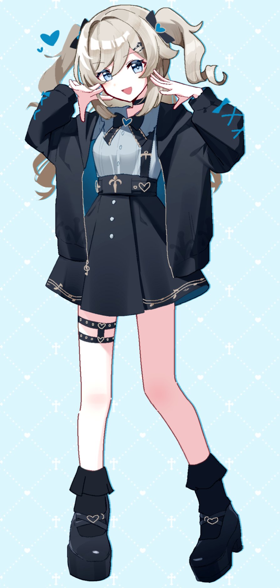 1girl, barbara_(genshin_impact), bare_legs, black_choker, black_footwear, black_jacket, black_ribbon, black_skirt