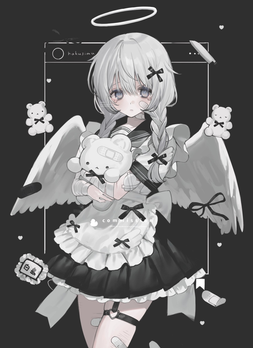 1girl, angel_wings, apron, bandaged_arm, bandages, bandaid, bandaid_on_leg, black_background