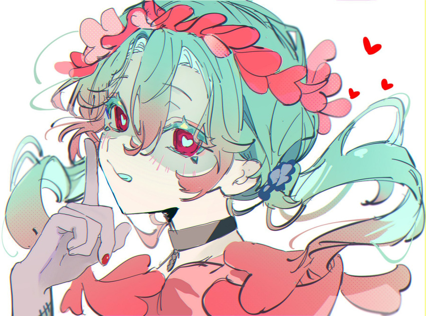 1girl, aqua_hair, aqua_tongue, black_choker, choker, food-themed_hair_ornament, gradient_hair, hair_between_eyes, hair_ornament, hatsune_miku, head_wreath, heart, heart-shaped_pupils, heart_hair_ornament, highres, index_finger_raised, long_hair, looking_at_viewer, low_twintails, multicolored_hair, mushroom_hair_ornament, patchwork_skin, pink_eyes, pink_hair, pink_nails, sidelocks, simple_background, stitched_face, stitches, symbol-shaped_pupils, tail_ear, twintails, upper_body, very_long_hair, vocaloid, white_background, zombie, zombie_(vocaloid)