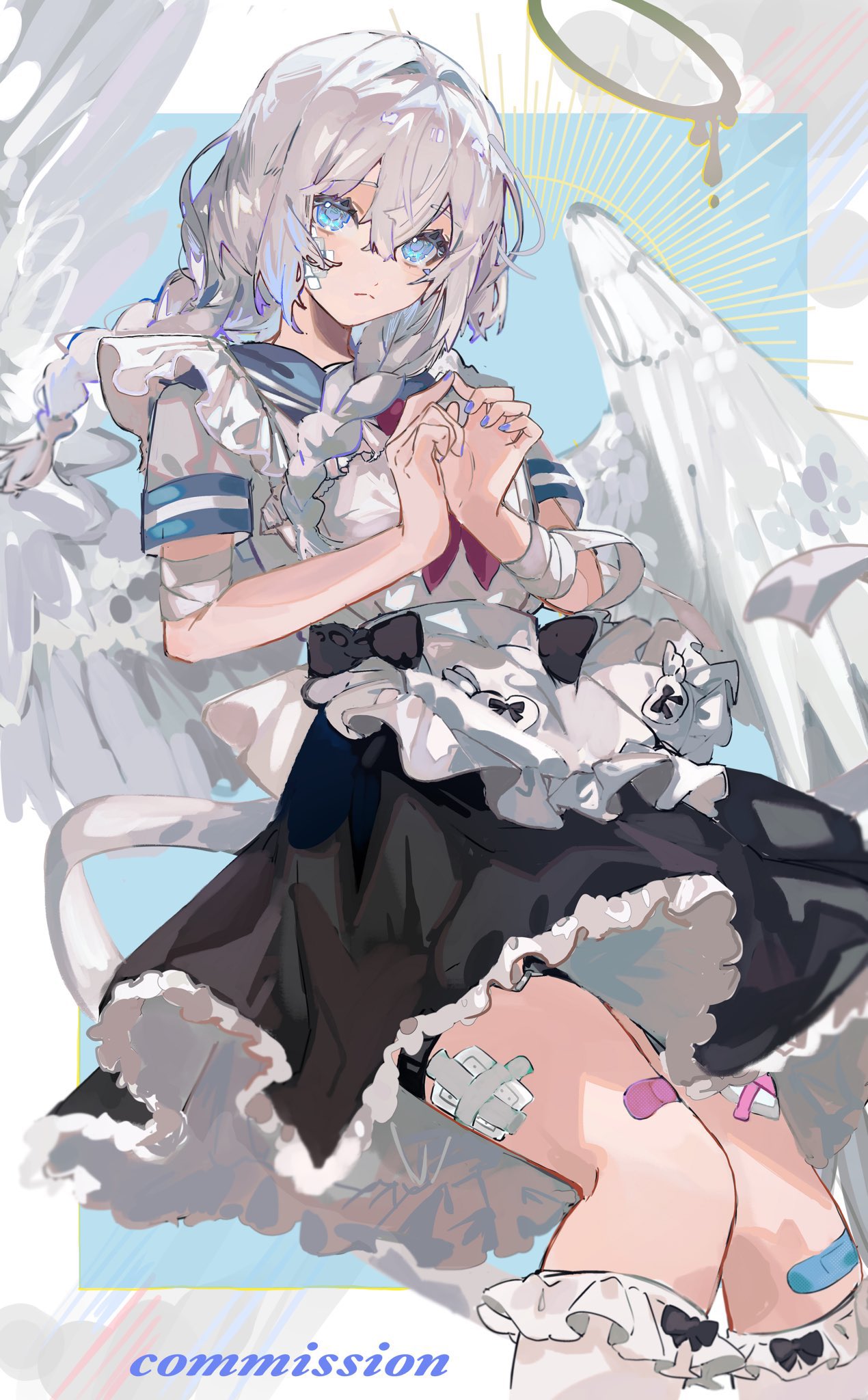 1girl, angel_wings, apron, bandaged_arm, bandages, bandaid, bandaid_on_leg, black_skirt, blue_eyes, blue_nails, braid, closed_mouth, commission, frilled_skirt, frills, gauze, hakushima, halo, highres, long_hair, looking_at_viewer, low_twin_braids, maid_apron, original, shirt, skeb_commission, skirt, socks, solo, tail_ear, twin_braids, white_hair, white_shirt, white_socks, white_wings, wings