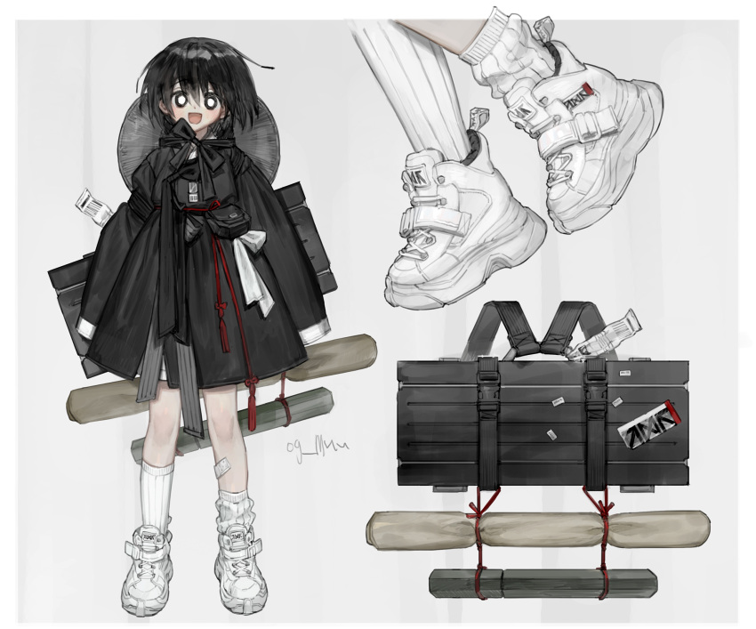 1boy, :d, androgynous, arms_at_sides, bandaid, bandaid_on_leg, black_eyes, black_hair