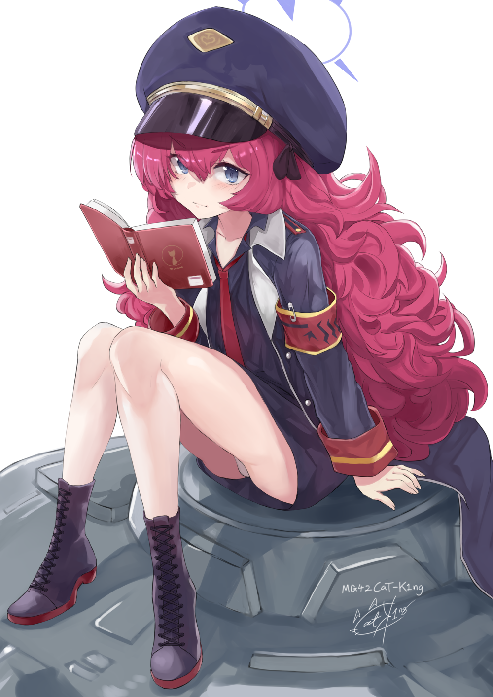 1girl, arm_support, armband, black_footwear, black_shirt, black_skirt, blue_archive, blue_eyes