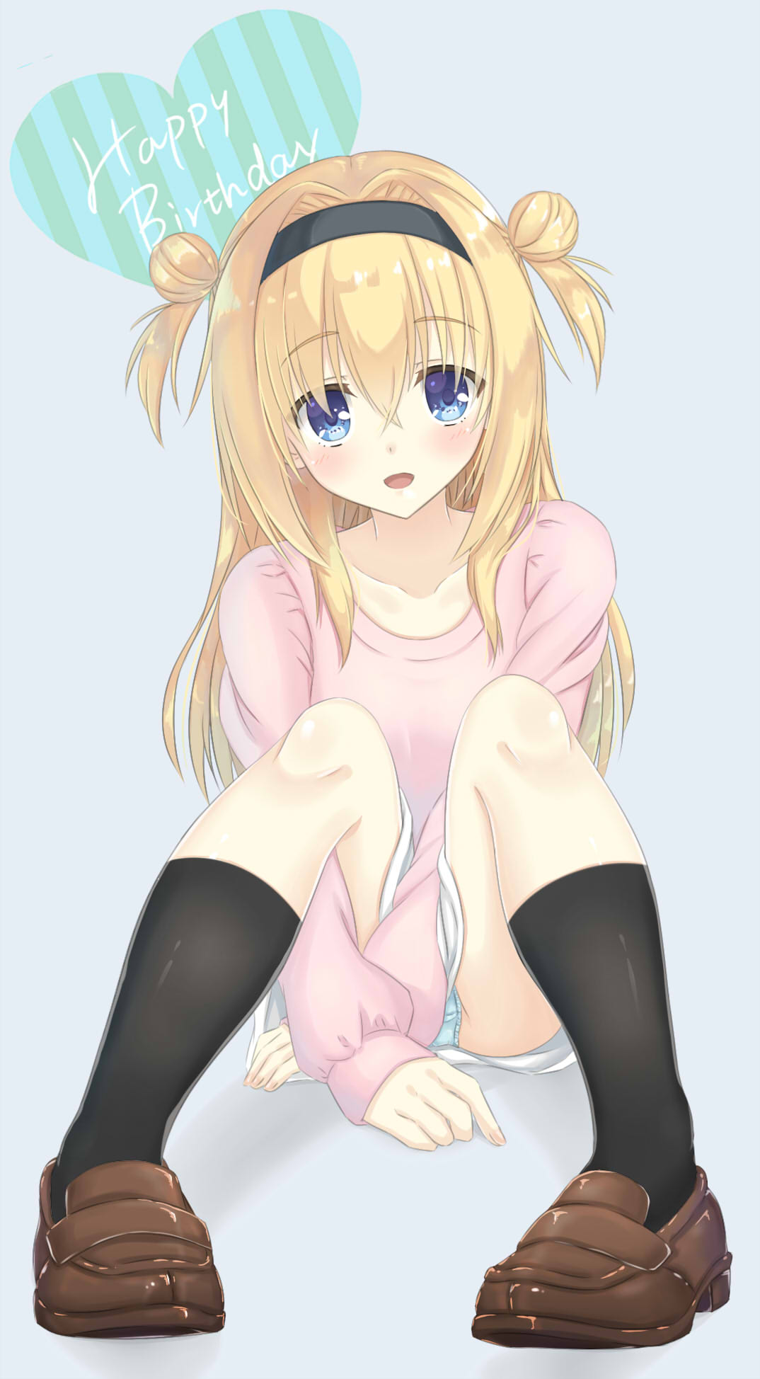 1girl, :d, between_legs, black_hairband, black_socks, blonde_hair, blue_eyes, blue_panties