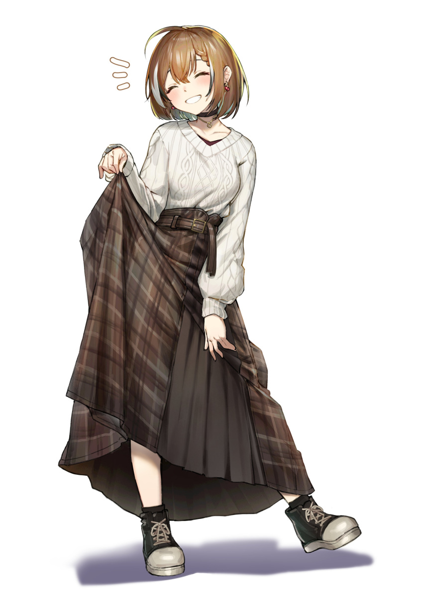 1girl, absurdres, ahoge, aran_sweater, belt, berry, black_choker, brown_footwear