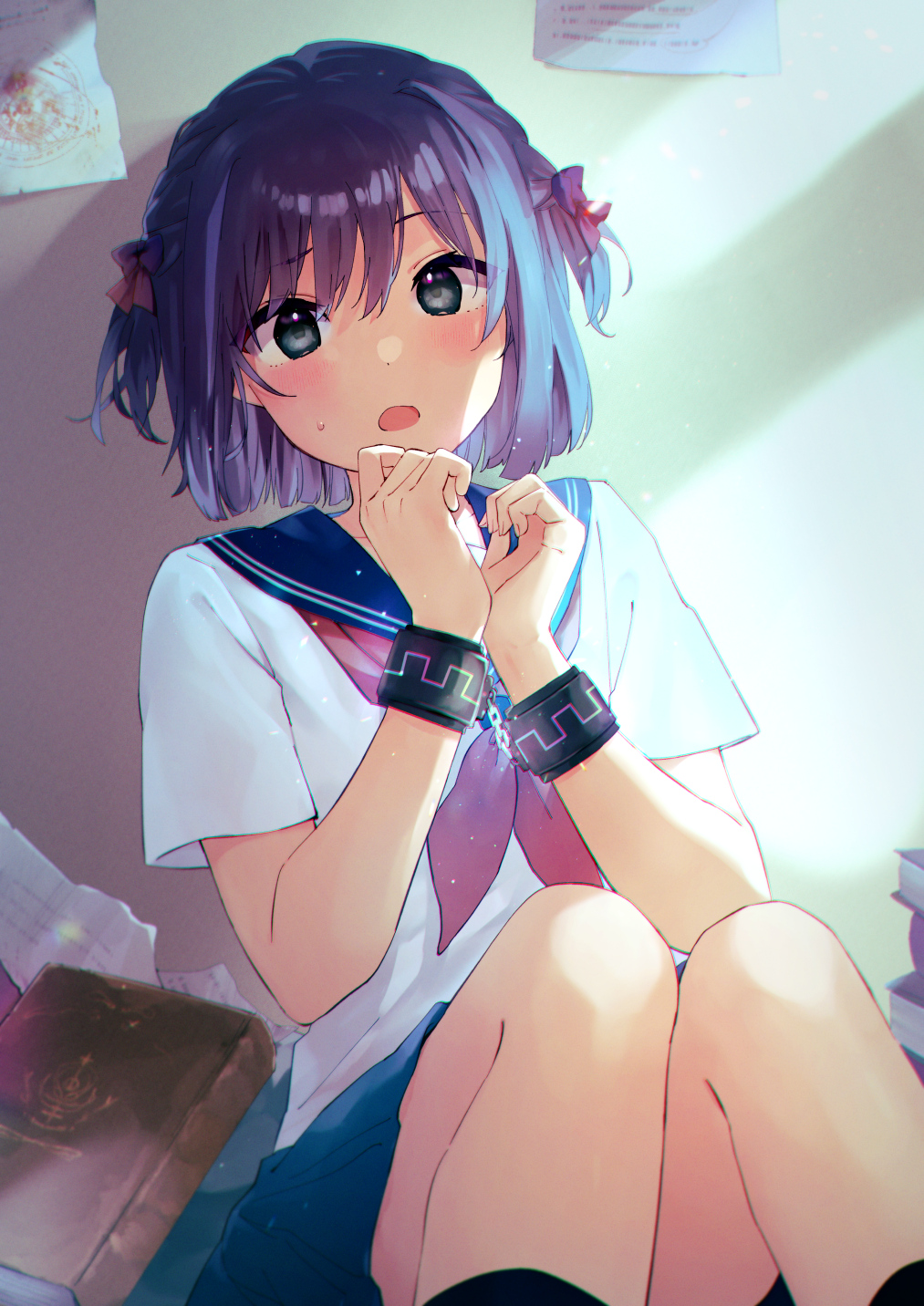 1boy, black_eyes, black_socks, blue_sailor_collar, blue_skirt, blush, book, book_stack
