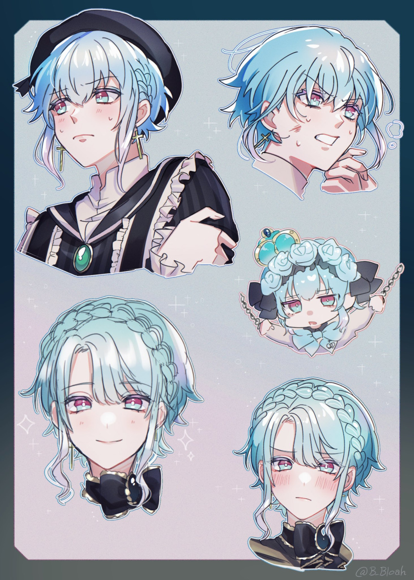 1boy, akuma_shitsuji_to_kuroi_neko, androgynous, aqua_eyes, aqua_hair, b_bloah, blue_flower, blue_hair, blush, braid, chibi, closed_mouth, cross, cross_earrings, crown_braid, earrings, facing_viewer, flower, flure_garcia, highres, jewelry, light_blue_hair, light_purple_hair, looking_at_viewer, looking_to_the_side, male_focus, multicolored_eyes, multicolored_hair, official_alternate_hairstyle, smile, solo, teeth, violet_eyes