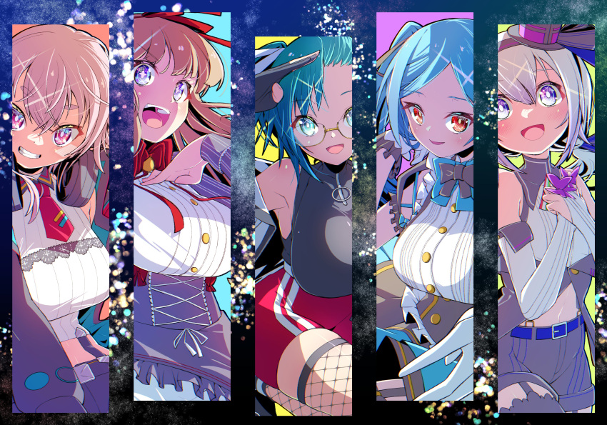 .live, 5girls, absurdres, belt, breasts, carro_pino, commentary_request, detached_sleeves, fishnet_pantyhose, fishnets, glasses, gloves, green_eyes, hair_between_eyes, hair_ornament, highres, jacket, kakasi8922, kakyouin_chieri, large_breasts, long_hair, mokota_mememe, multiple_girls, navel, open_mouth, pantyhose, ribbon, shorts, sky, star_(sky), starry_sky, virtual_youtuber, yamato_iori