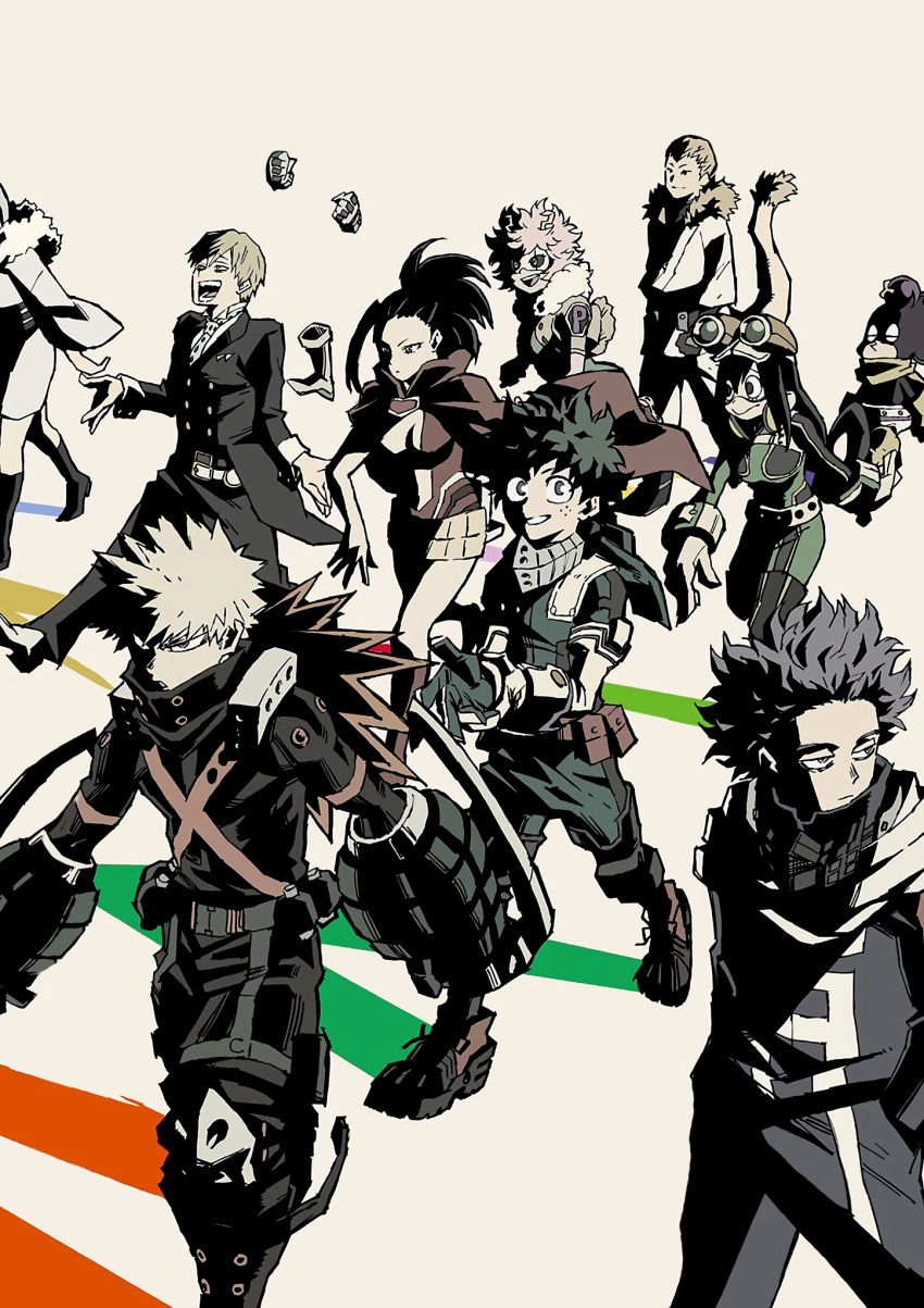 5girls, 6+boys, :>, :o, alternate_hair_color, artist_request, ashido_mina, asui_tsuyu