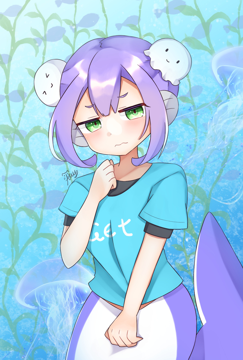 100_percent_orange_juice, 1girl, black_shirt, blue_hair, blue_shirt, closed_mouth, embarrassed, green_eyes