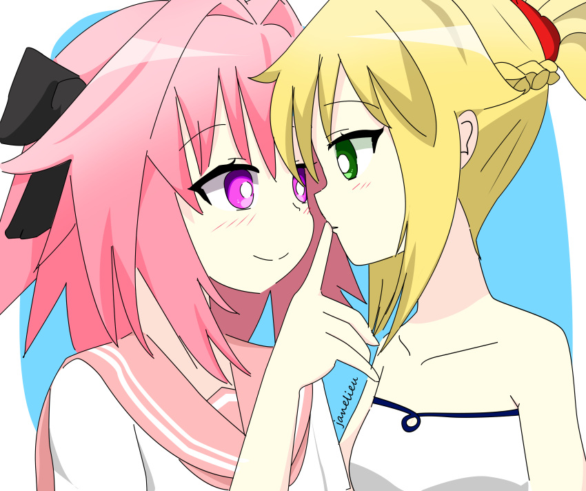 1boy, 1girl, absurdres, astolfo_(fate), bare_shoulders, black_bow, blonde_hair, blush, bow, braid, braided_ponytail, breasts, fate/apocrypha, fate_(series), finger_to_mouth, green_eyes, hair_ornament, hair_scrunchie, hetero, highres, janel-senpai, long_hair, mordred_(fate), mordred_(fate)_(all), mordred_(fate/apocrypha), otoko_no_ko, pink_hair, ponytail, red_scrunchie, school_uniform, scrunchie, simple_background, small_breasts, strapless, violet_eyes