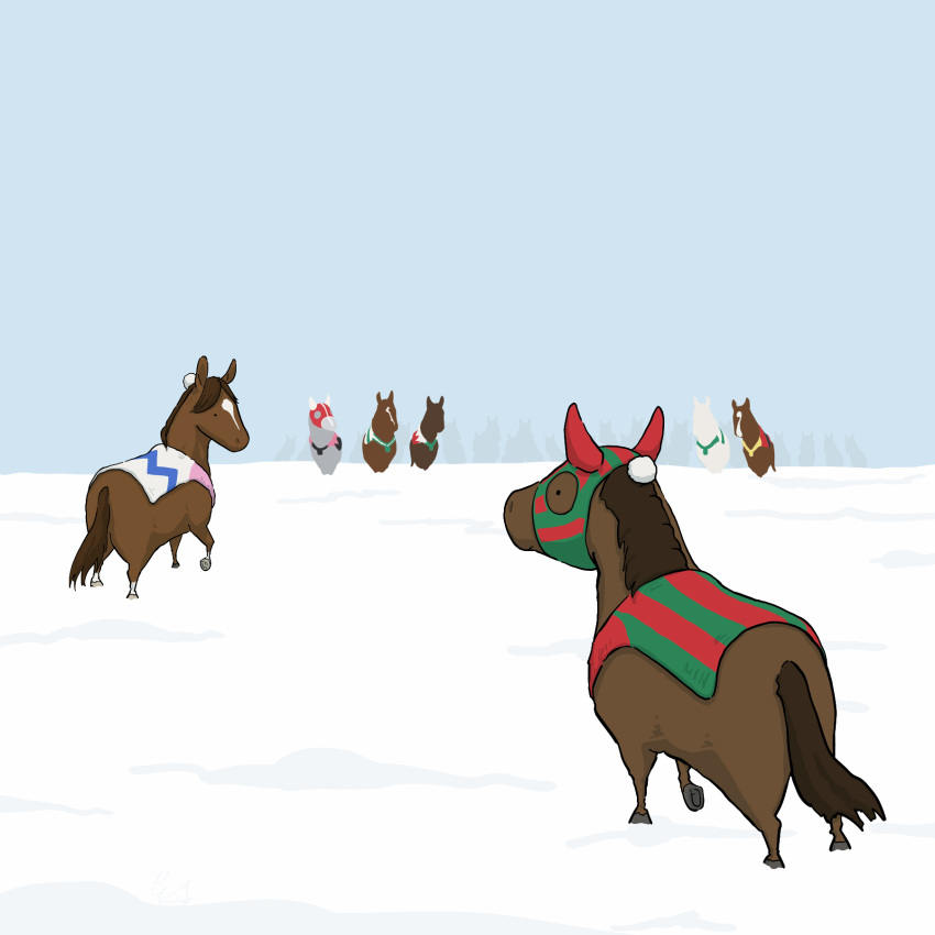 6+others, biwa_hayahide_(racehorse), cape, commentary_request, dai_yusaku_(racehorse), highres, horse, jajaumant