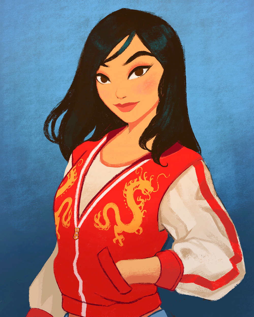 1girl, asian, black_hair, blue_background, brown_eyes, dragon_print, fa_mulan_(disney), hand_in_pocket, highres, jacket, lipstick, long_hair, long_sleeves, makeup, mulan, official_alternate_costume, red_jacket, shirt, simple_background, sleeveless, sleeveless_jacket, smile, solo, tan, weijic, white_shirt, wreck-it_ralph, zipper