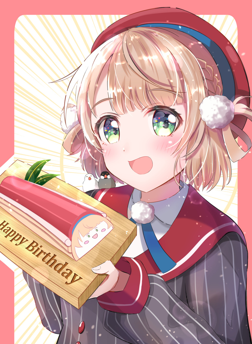 1girl, absurdres, animal_on_shoulder, beret, bird, bird_on_shoulder, birthday_cake, blue_ribbon