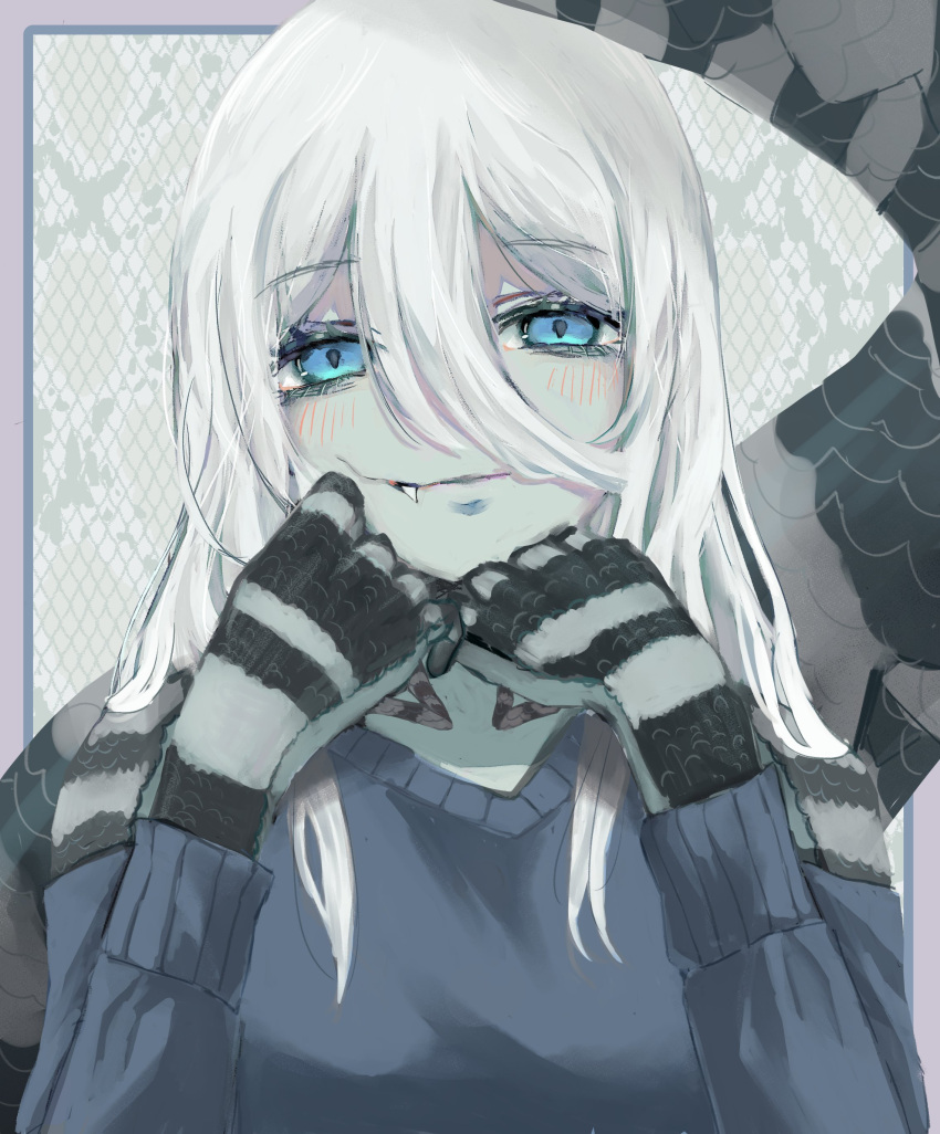 1girl, absurdres, amatyame, bare_shoulders, black_scales, blue_eyes, blue_sweater, borrowed_character