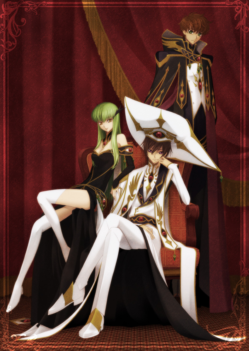 bangs, black_hair, boots, breasts, brown_hair, c.c., cape, chair, cleavage, code_geass, crossed_legs, female, formal, green_eyes, green_hair, hat, hidari_ise, highres, kururugi_suzaku, left, legs, lelouch_lamperouge, long_hair, male, multiple_boys, purple_eyes, short_hair, sitting, thigh_boots, thighhighs, violet_eyes, yellow_eyes