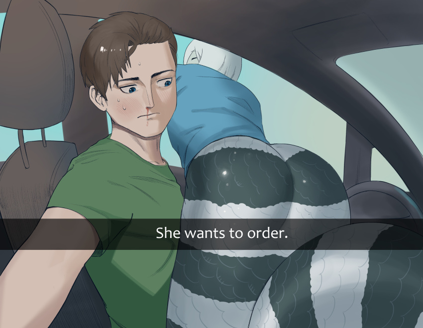 1boy, 1girl, absurdres, ass, black_scales, blood, blue_background, blue_eyes