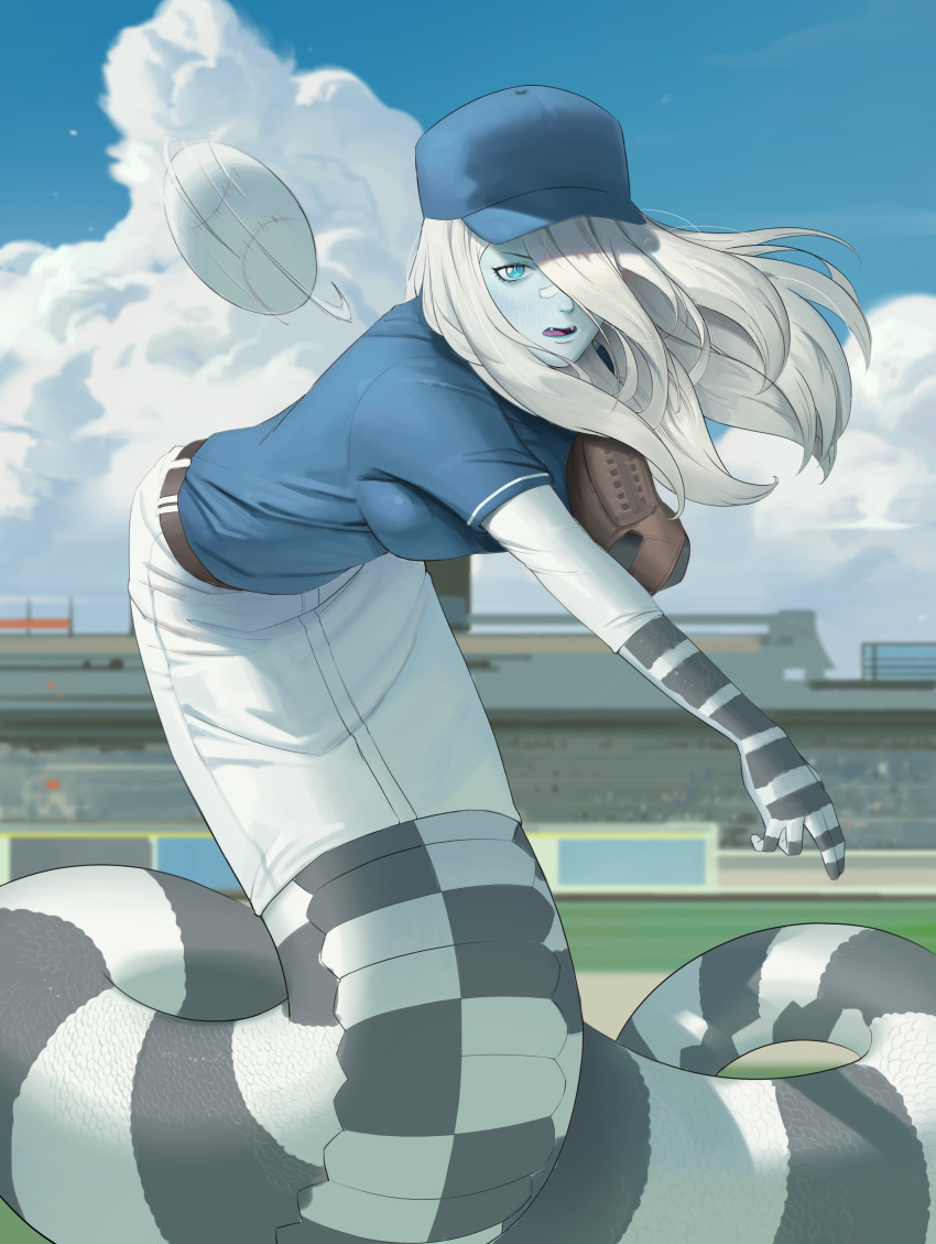 1girl, absurdres, aqua_skin, baseball, baseball_cap, baseball_mitt, baseball_stadium, baseball_uniform