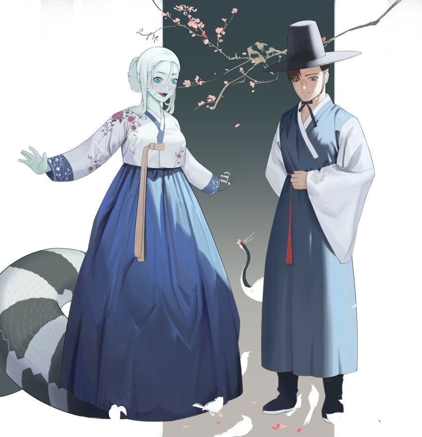 1boy, 1girl, absurdres, animal, aqua_hair, aqua_skin, bird, black_headwear