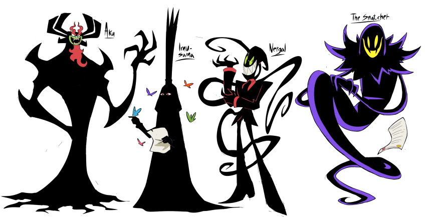 4boys, a_hat_in_time, absurdres, aku_(samurai_jack), beard, black_skin, character_name, character_request, colored_skin, crossover, cyberlord1109, demon, demon_tail, demon_wings, facial_hair, fangs, fiery_hair, fire, formal, glowing_mouth, green_skin, highres, multiple_boys, nergal_(billy_&amp;_mandy), no_smoking, samurai_jack, size_difference, snatcher_(a_hat_in_time), suit, tail, tentacles, the_grim_adventures_of_billy_&amp;_mandy, wings, yellow_eyes