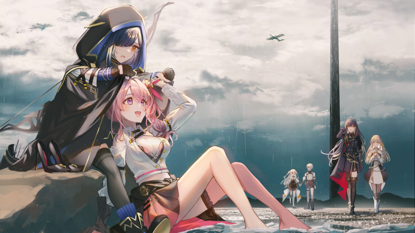 6+girls, absurdres, aircraft, airplane, barefoot, black_footwear, black_gloves, black_hair