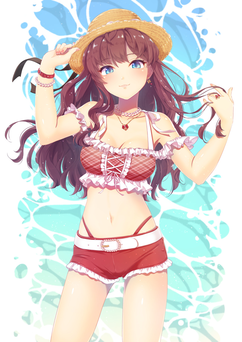 1girl, :3, absurdres, belt, bikini, bikini_shorts, blue_eyes, bracelet, breasts, brown_hair, commentary_request, earrings, hat, highres, ichinose_shiki, idolmaster, idolmaster_cinderella_girls, idolmaster_cinderella_girls_starlight_stage, jewelry, long_hair, looking_at_viewer, medium_breasts, midriff, navel, necklace, pearl_necklace, pink_nails, rakkopower, red_bikini, shorts, solo, straw_hat, swimsuit, water, white_belt