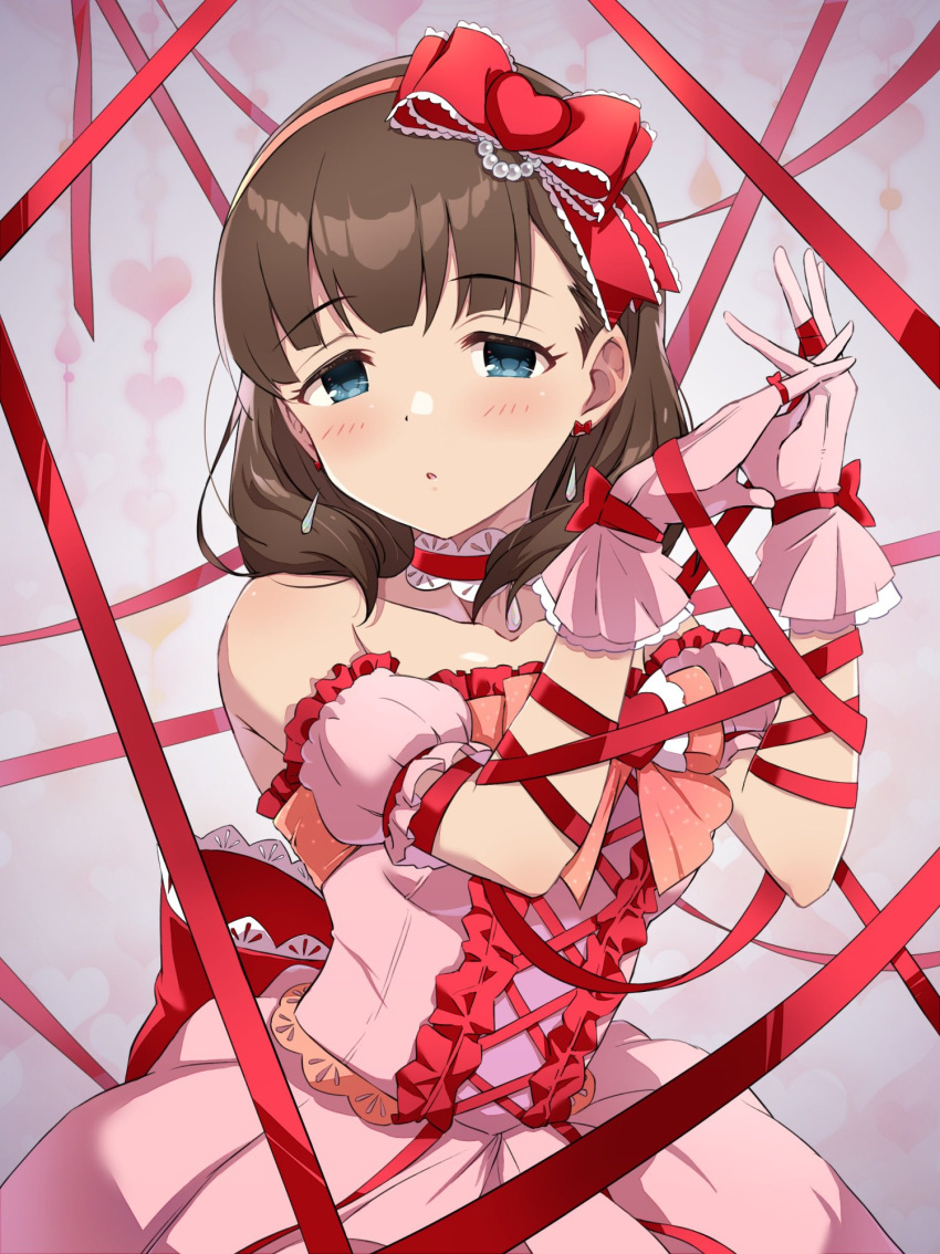 1girl, arm_ribbon, bare_shoulders, blue_eyes, blurry, blurry_background, blush, bow