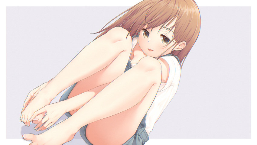 1girl, ayami_(ayanoayanosuke), bare_legs, barefoot, brown_eyes, brown_hair, dutch_angle, grey_background, knees_up, long_hair, original, overall_shorts, overalls, shirt, short_sleeves, sitting, solo, t-shirt, toenails, two-tone_background, white_background, white_shirt