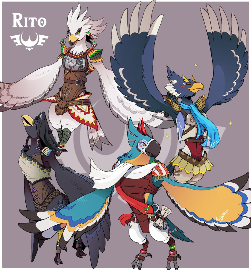 4boys, animal_feet, anklet, arijuno, armor, arms_at_sides, arms_up, artist_name