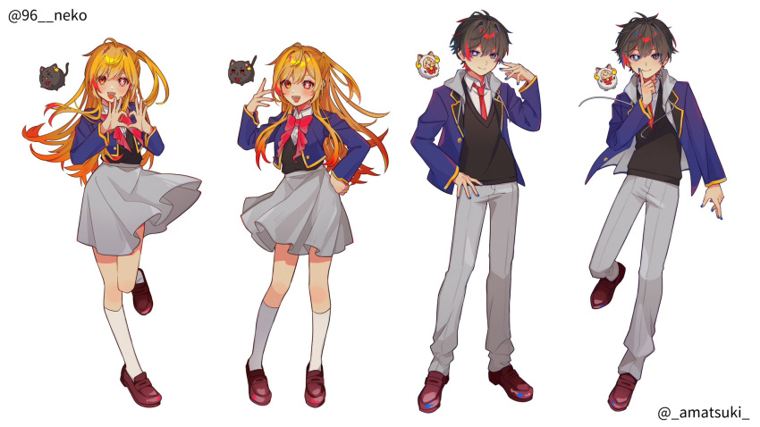 1boy, 1girl, 96neko, amatsuki_(nico_nico_douga), amenochi_hare, androgynous, blonde_hair, blue_eyes, blue_jacket, bow, bowtie, brown_hair, cosplay, ear_piercing, full_body, grey_skirt, hair_between_eyes, highres, hoshino_aquamarine, hoshino_aquamarine_(cosplay), hoshino_ruby, hoshino_ruby_(cosplay), jacket, long_hair, long_sleeves, looking_at_viewer, mismatched_pupils, necktie, niconico, official_art, one_side_up, open_mouth, oshi_no_ko, piercing, pink_bow, pink_bowtie, pink_eyes, pose_imitation, red_necktie, school_uniform, short_hair, siblings, skirt, smile, standing, star-shaped_pupils, star_(symbol), star_in_eye, symbol-shaped_pupils, symbol_in_eye, utaite_(singer), youtou_high_school_uniform