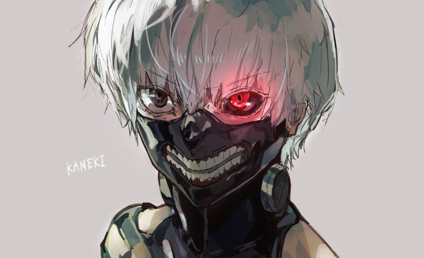 1boy, black_eyes, black_sclera, character_name, colored_sclera, grey_background, grey_hair, heterochromia, highres, kaneki_ken, male_focus, monte_tako, portrait, red_eyes, short_hair, simple_background, solo, teeth_print, tokyo_ghoul