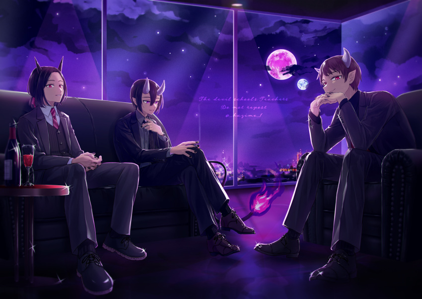 3boys, adjusting_clothes, adjusting_necktie, alcohol, alternate_costume, argyle, argyle_necktie, armchair