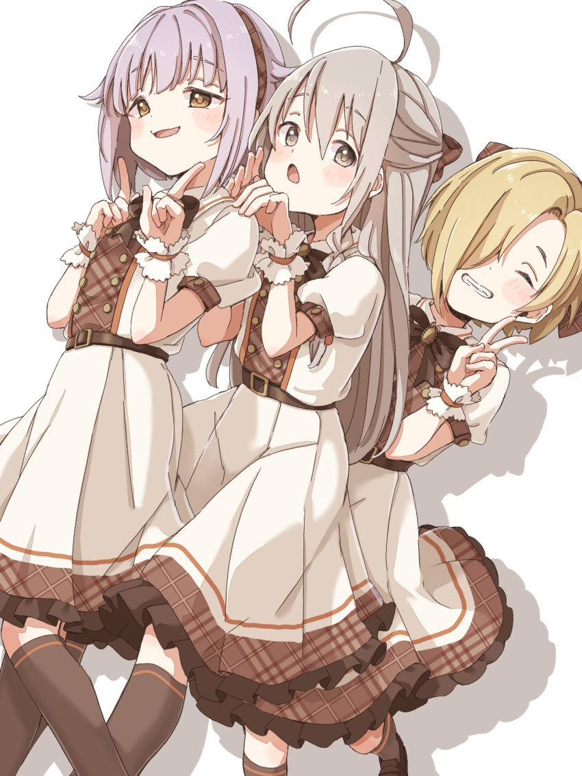 3girls, ahoge, beaky45779868, belt, black_bow, black_bowtie, blonde_hair, blush